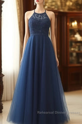 Navy Blue Tulle With Lace Applique Long Party Dress Semi Formal Prom Dress Sleeveless Elegant
